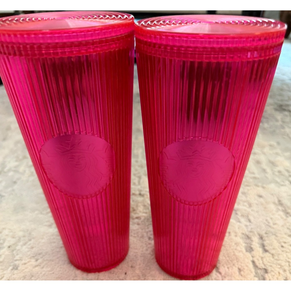 Starbucks Pink Pleated Ribbed Cold Cup Tumbler 24oz Set of 2 No Straws
